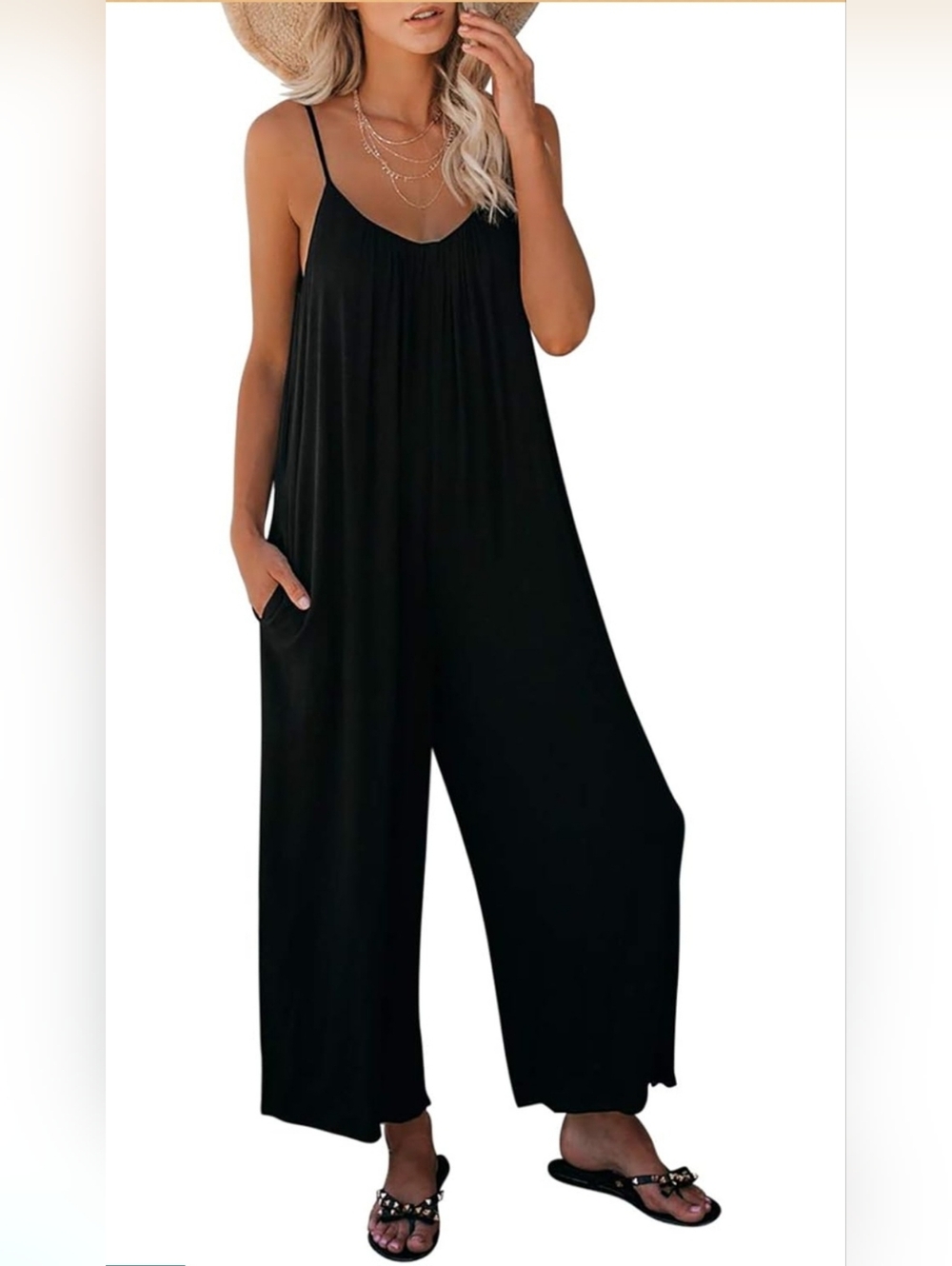 Women’s Black Spaghetti-Strap Wide-Leg Jumpsuit, Size Large
